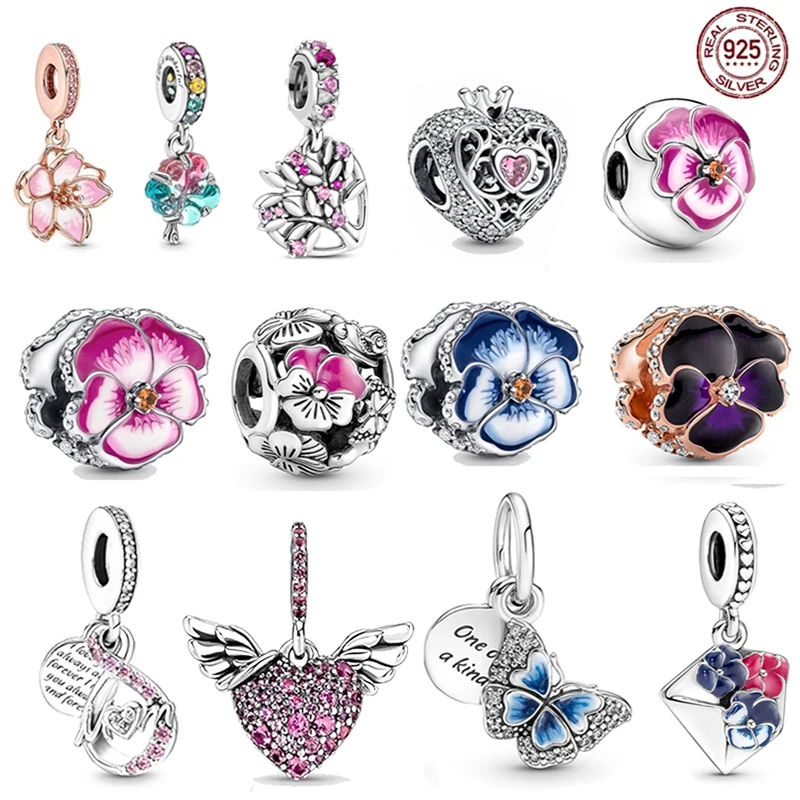 

925 Sterling Silver Mother's Day Gift MM English Pendant Tricolor Flower Suitable for Original Fashion Style DIY Mother's Gift