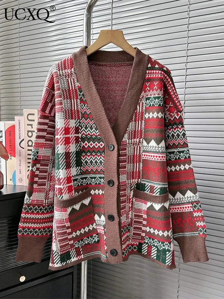

UCXQ Red Colorful Christmas Cardigan Coat Women Long Sleeve Single Breasted Loose Sweater Jacket 2023 Autumn Winter New 16U5371