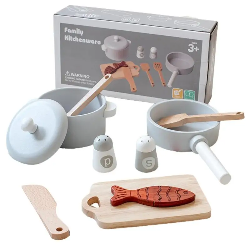 

9pcs Kids Pretend Play Simulation Kitchen Toys Wooden Cooking Pot Set Imitation Game Tableware Role Play Toy for Girls Children