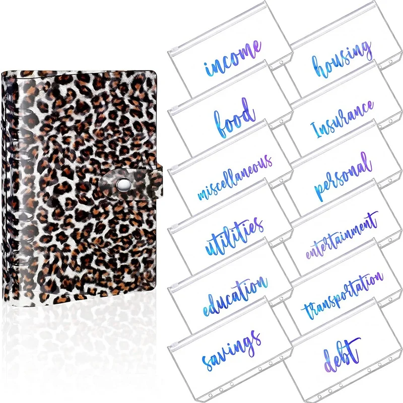 

PVC Notebook Cover Planner Budget Binder Organizer 6 Round Ring Protector Binder Zipper Folder for Bill Planner(Leopard)