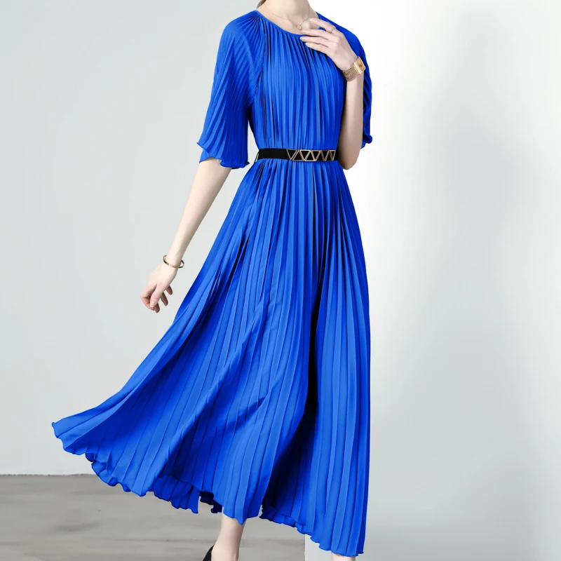 

Women's Summer New High End Temperament Round Neck Medium Sleeve Miyake Loose Waist Fashion Big Swing Pleated Dress