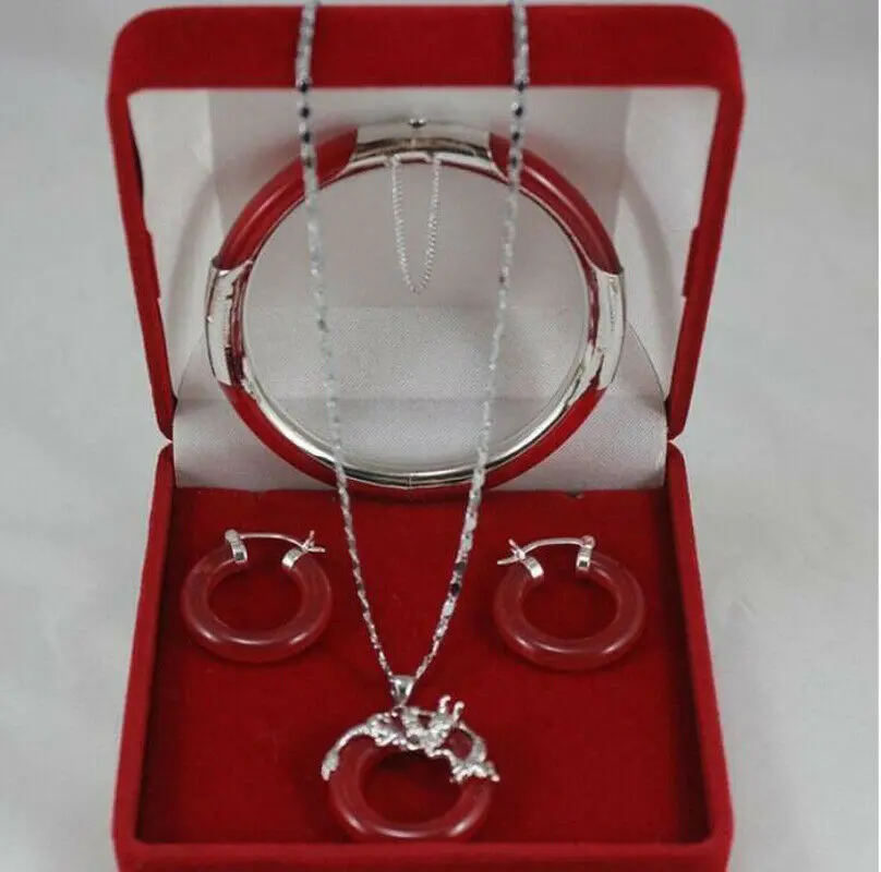 

Модный браслет с натуральным Рубином + серьги + кулон ожерелье комплект ювелирных изделий AAA