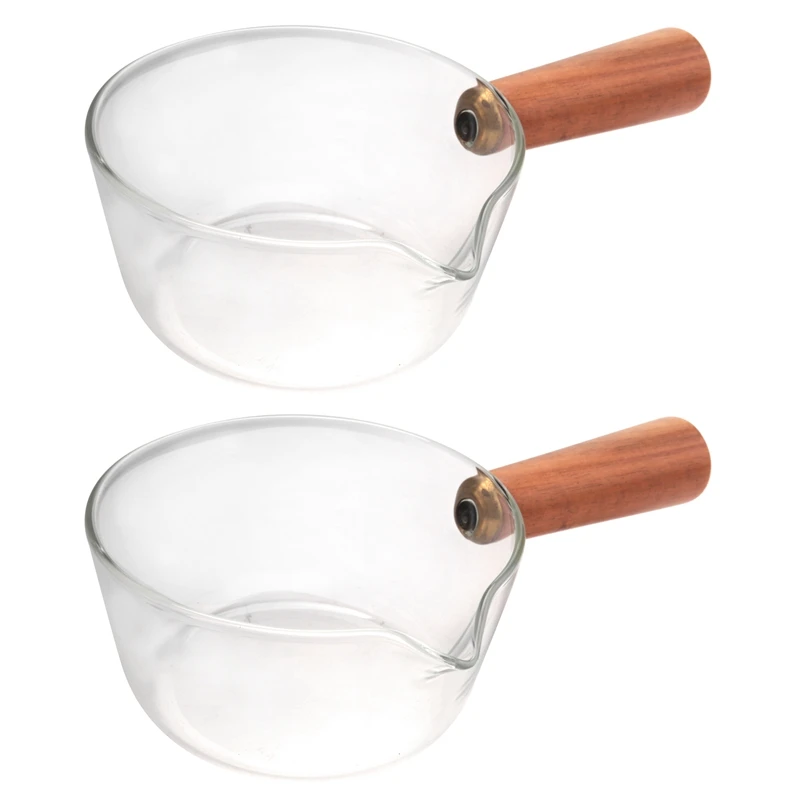 

2X Glass Milk Pot With Wooden Handle 400Ml Cooking Pot For Salad Noodles Gas Stove Cookware