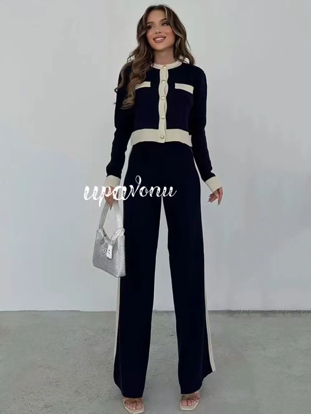 Повседневный женский комплект трикотажных брюк с длинными рукавами однобортный