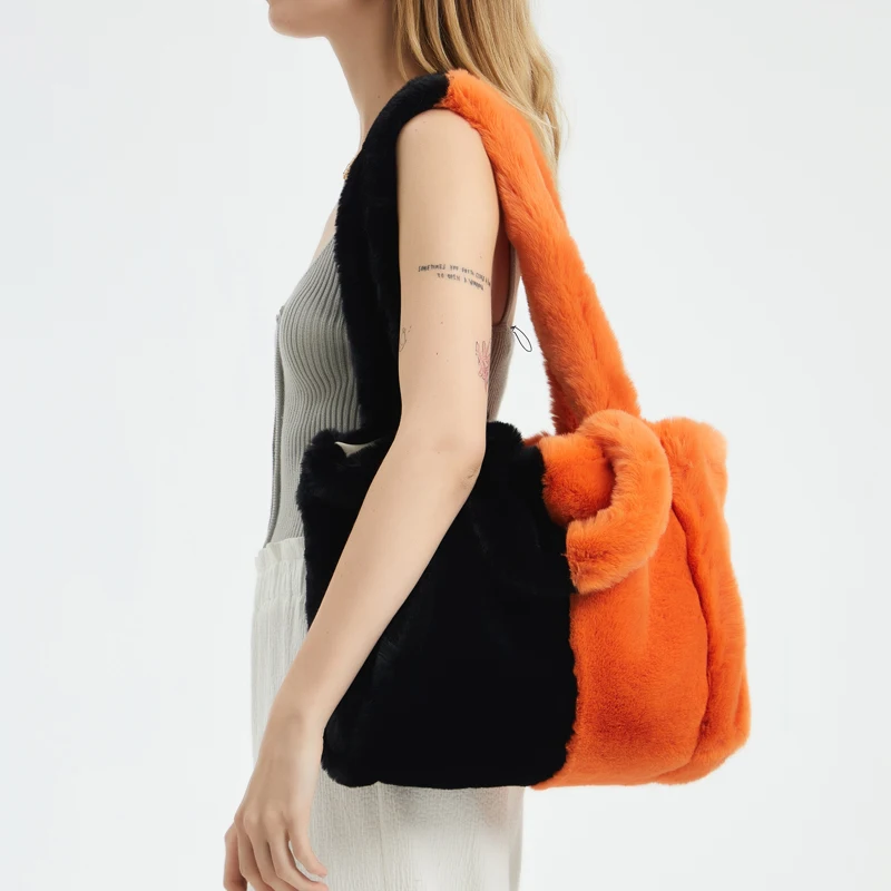 

Fashion Patchwork Pluffy Tote Bag Designer Plush Women Handbags Luxury Faux Fur Shoulder Bags Casual Big Shopper Purses Winter