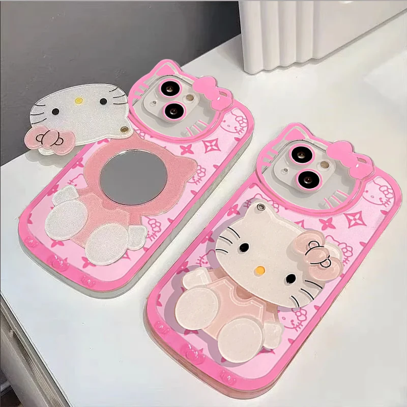 Милый розовый чехол Hello Kitty для телефона с зеркалом макияжа IPhone 11 12 13 14 15 Pro Max XS X XR 7 8