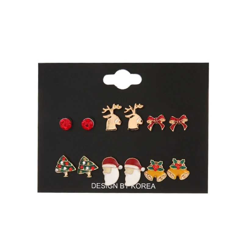 

6 Pairs Cute Christmas Earrings Christmas Bow Tie Elk Tree Bell Tiny Earring