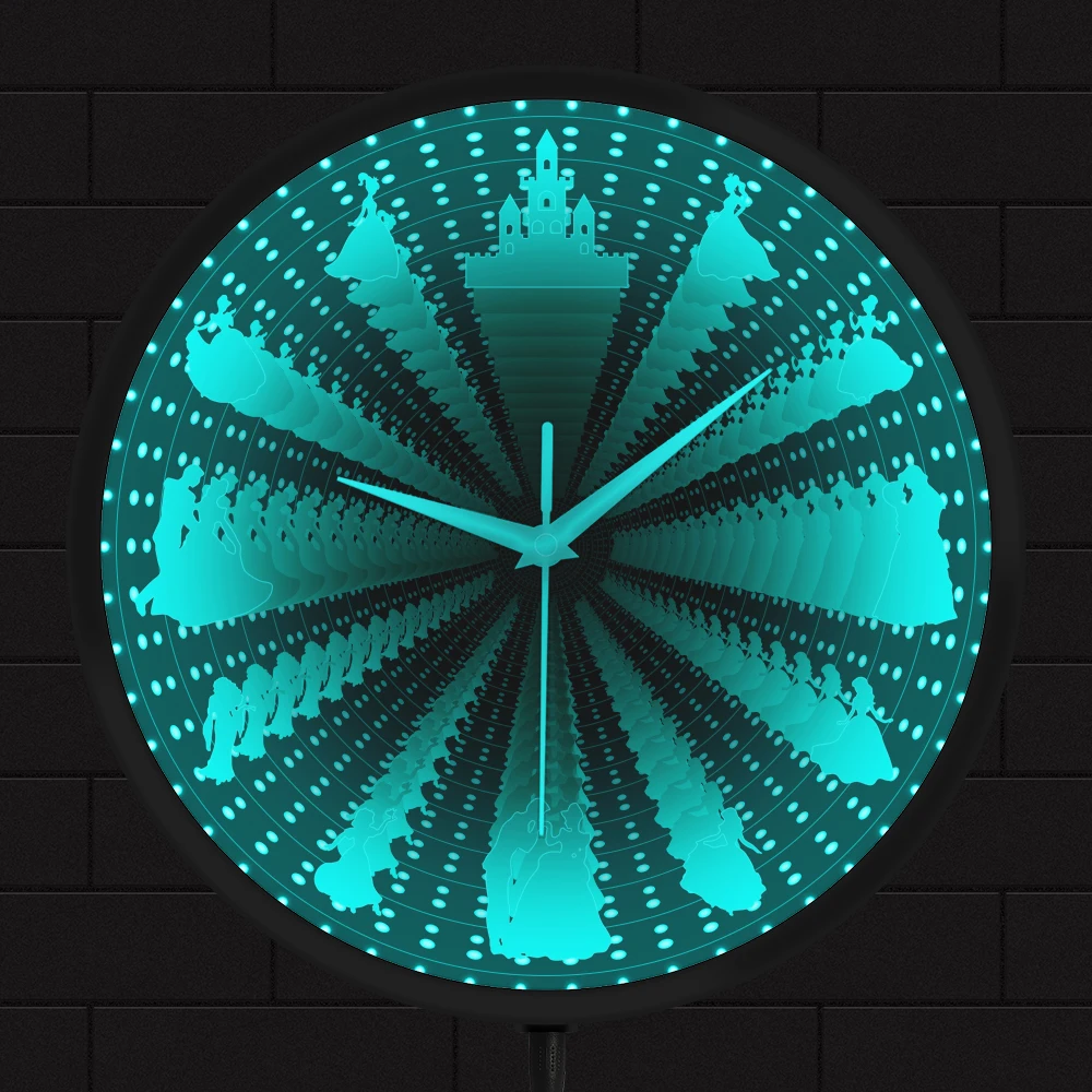 Prince Princess Castle Sign LED Lighted Infinity Mirror Tunnel Clock Girl Room Decor Fairy Tale Display Neon Watch Glow In Dark