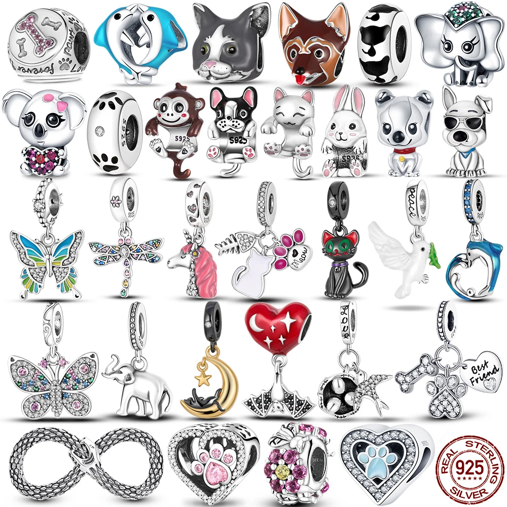 Браслет "Бабочка, стрекоза, подвеска из серебра 925 пробы с бульдогом, кошкой, слоном, единорогом, бусинами, подходит для оригинального браслета MULA для создания ювелирных изделий".