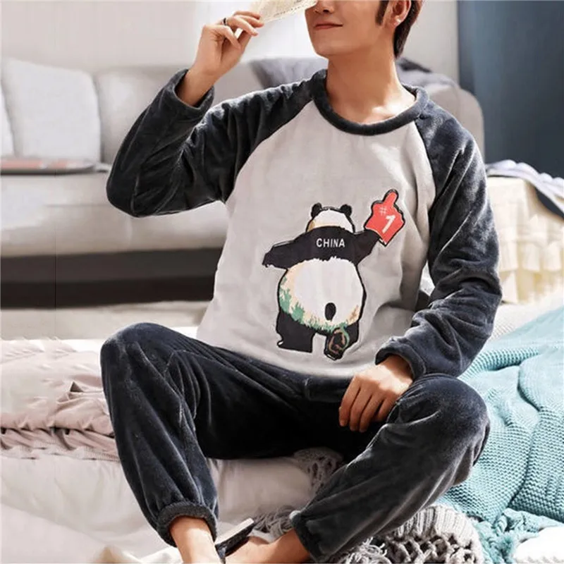 2022 Winter Long Sleeve Thick Warm Flannel Pajama Sets For Men Coral Velvet Cute Cartoon Sleepwear Suit Pyjamas Homewear Clothes