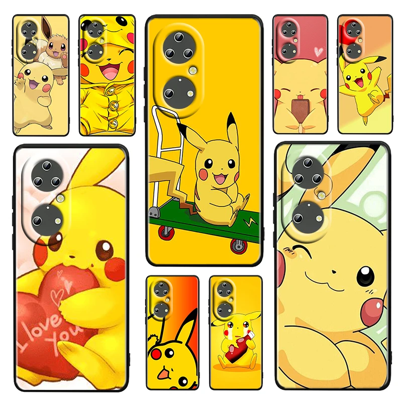 

Cute Pikachu Cartoon For Huawei P50 P20 P30 P40 5G P10 Pro Lite E Plus P9 Lite Mini Soft Silicone Black phone Case Cover Coque