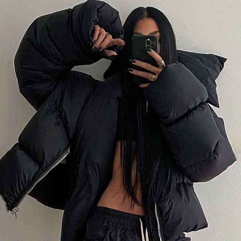 

Casual Winter Thick Warm Short Parkas Women Snap Scarf With Zipped Streetwear Black Padded Coat New In Outerwears Puffer Jacket