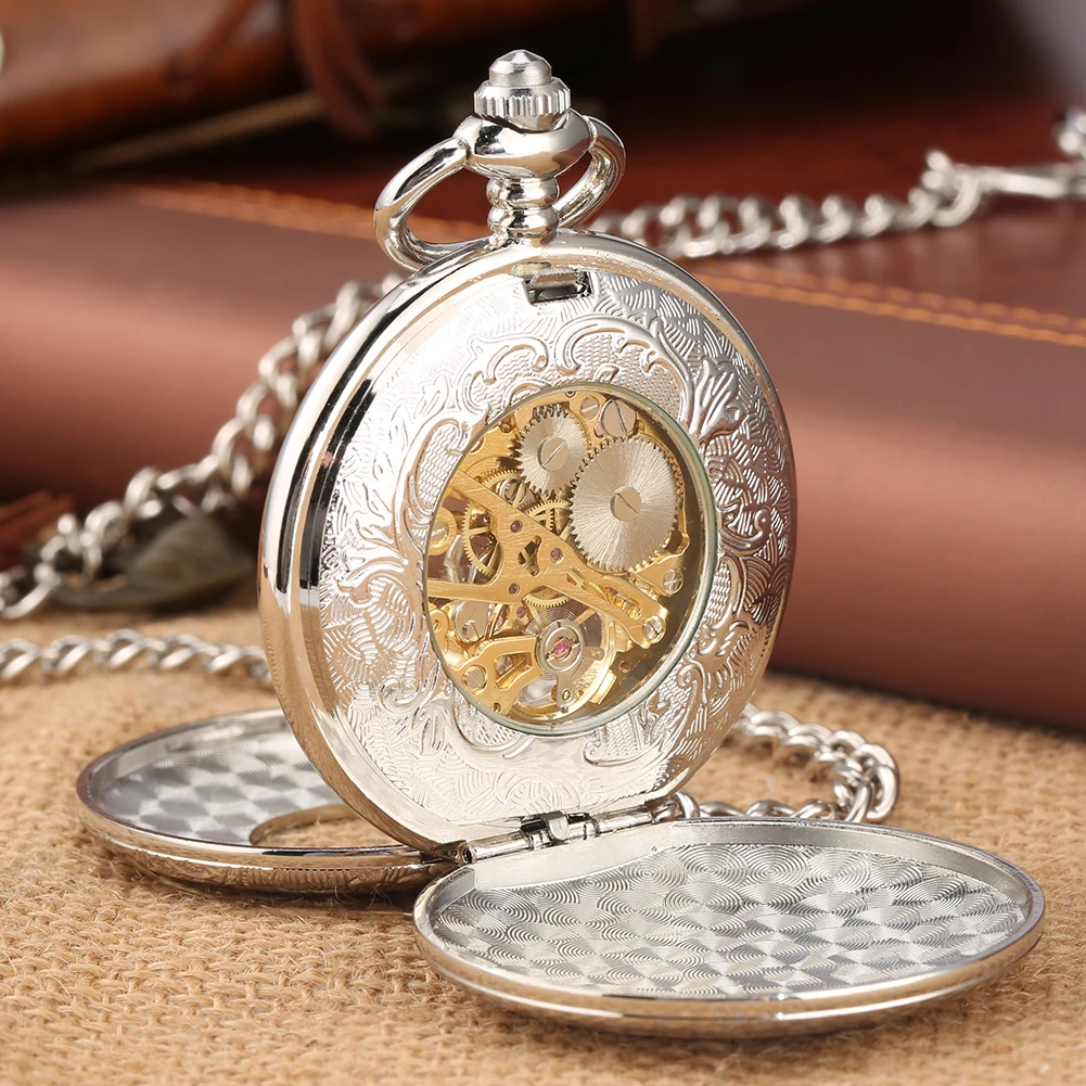 Manual Mechanical Pocket Watch Silver Double Cover Roman Numerals Display Vintage Pendant Pocket Clock Antique Gift Timepiece