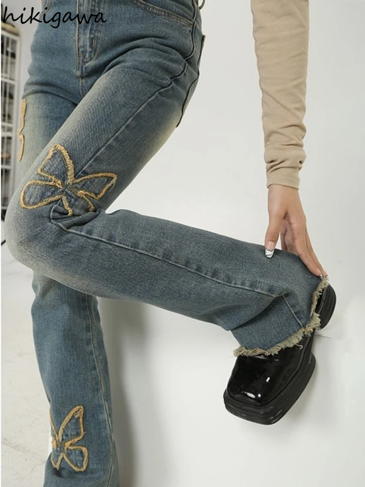 

Женские винтажные джинсы в уличном стиле, Облегающие расклешенные брюки с вышивкой, брюки в стиле Харадзюку, 2022