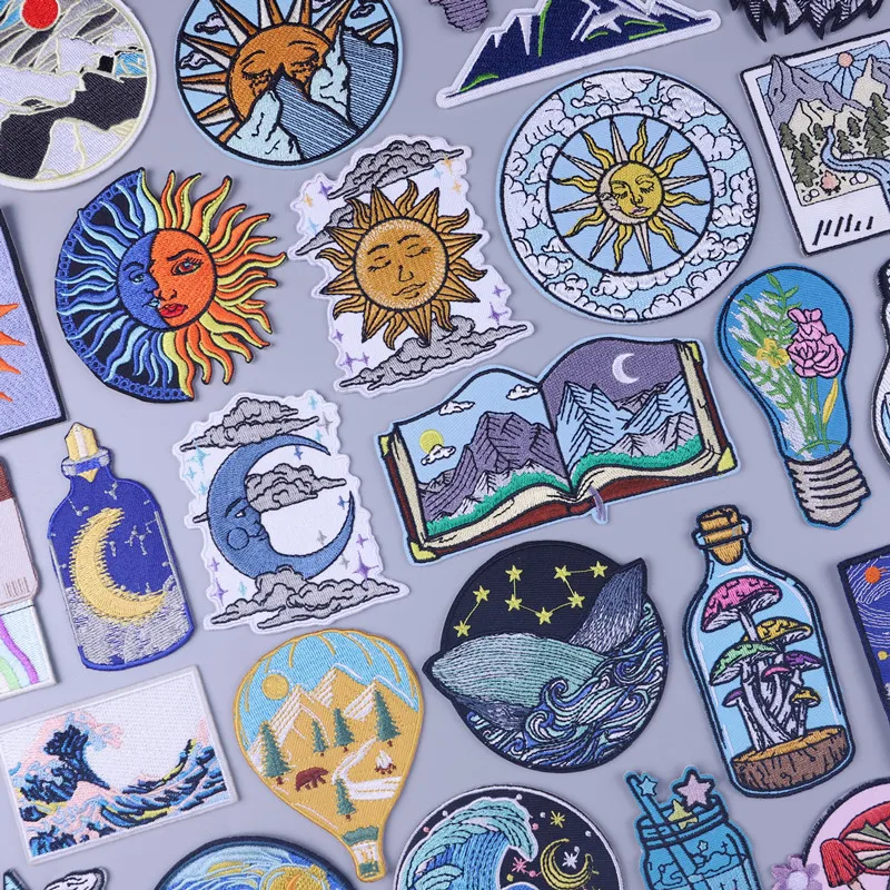 

Pastoral Scenery Patch Sunny Cloudy Expression Embroidery Patches for Clothing Thermoadhesive Sea Wave Patch Mushroom Appliques