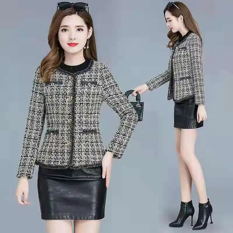 

Cropped Tweed Coat for Women Vintage O-Neck Open Stitch Tassel Slim Plaid Jacket Korean Blends Wool Outwear Tops Female E159