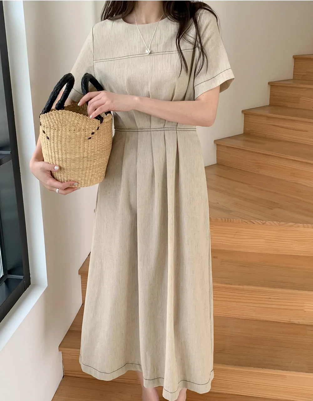 Open Line Dress Women South korea Retro round Neck Pleat Slingback Waist Hugging Slimming Elegant All-Match Short sleeve A- l...