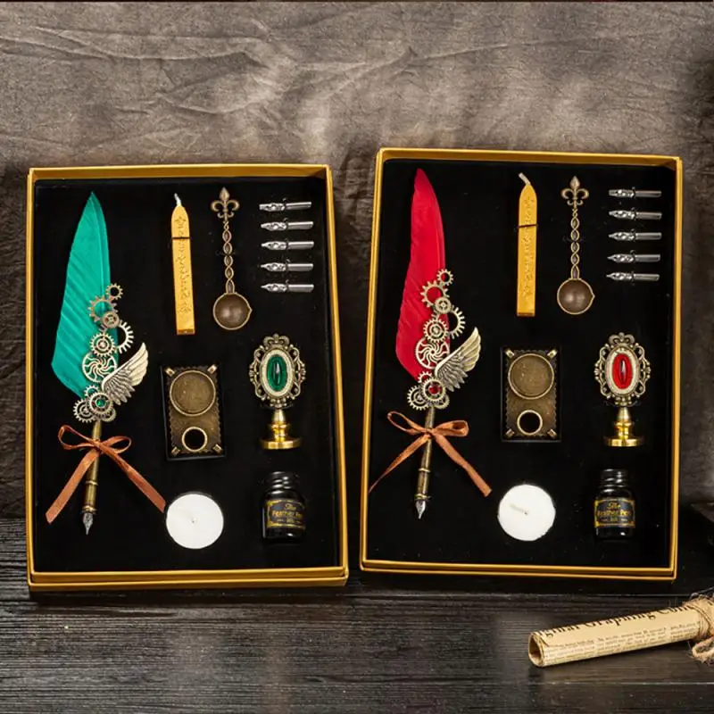 Ручка перьевая в винтажном стиле набор с чернилами и золотым перьевым карандашом