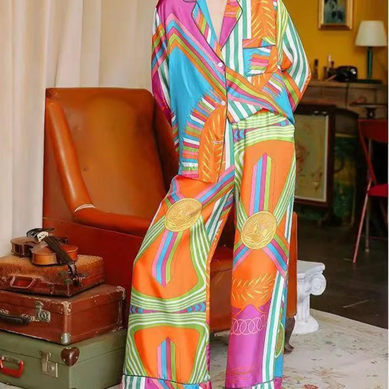 New Plant Print Satin Pajamas Set Women's Home Wear Long Sleeve Elastic Waist Temperament Sleepwear Two Piece Pajama Set