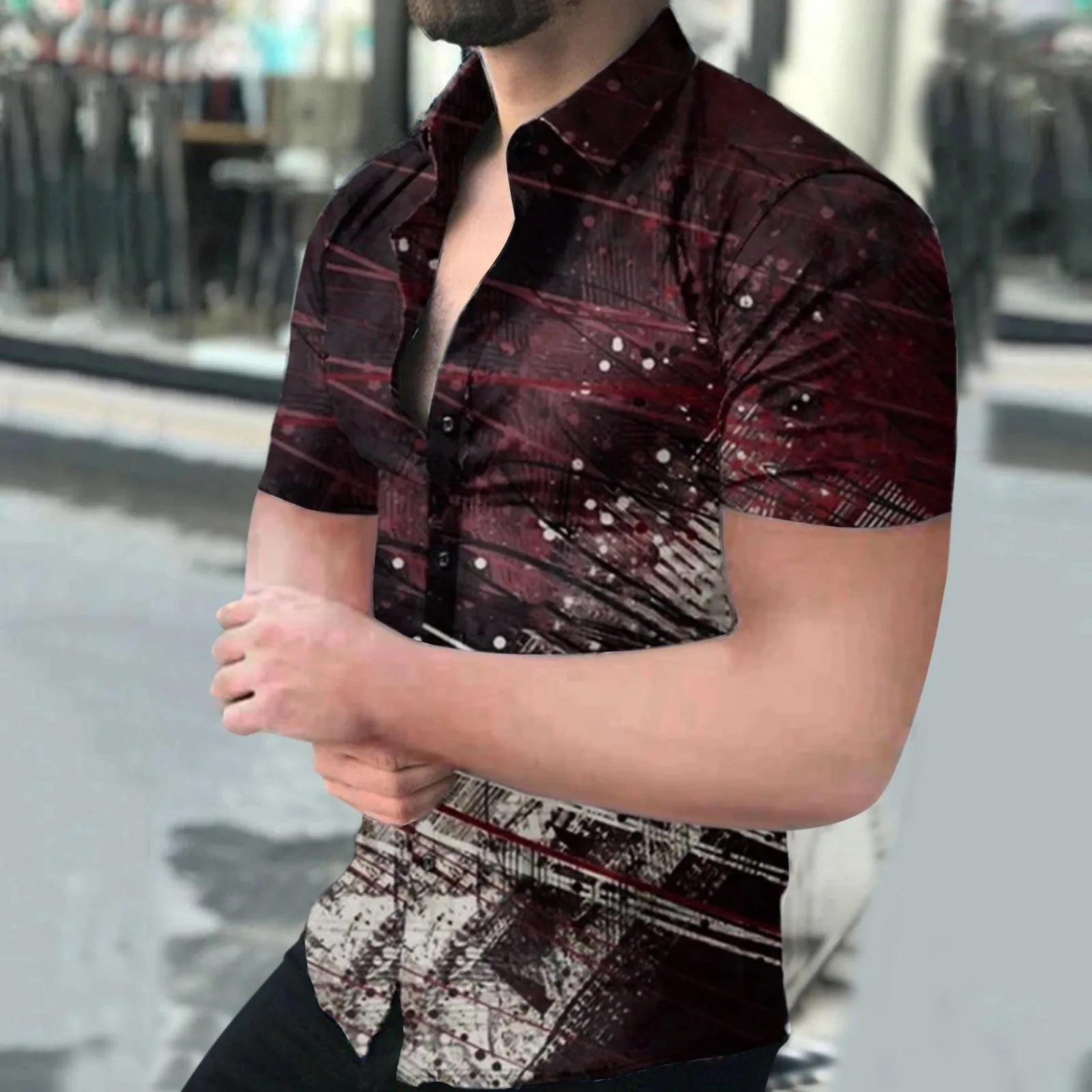 

Men's Spring And Summer Fashion Top Shirts Casual Printed Lapel Button Short Sleeve Shirt European American Style Work Wear