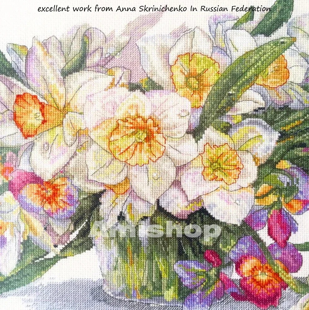 Amishop Золотая коллекция Набор для вышивки крестом Нарцисс Букет цветов Ваза Цветы