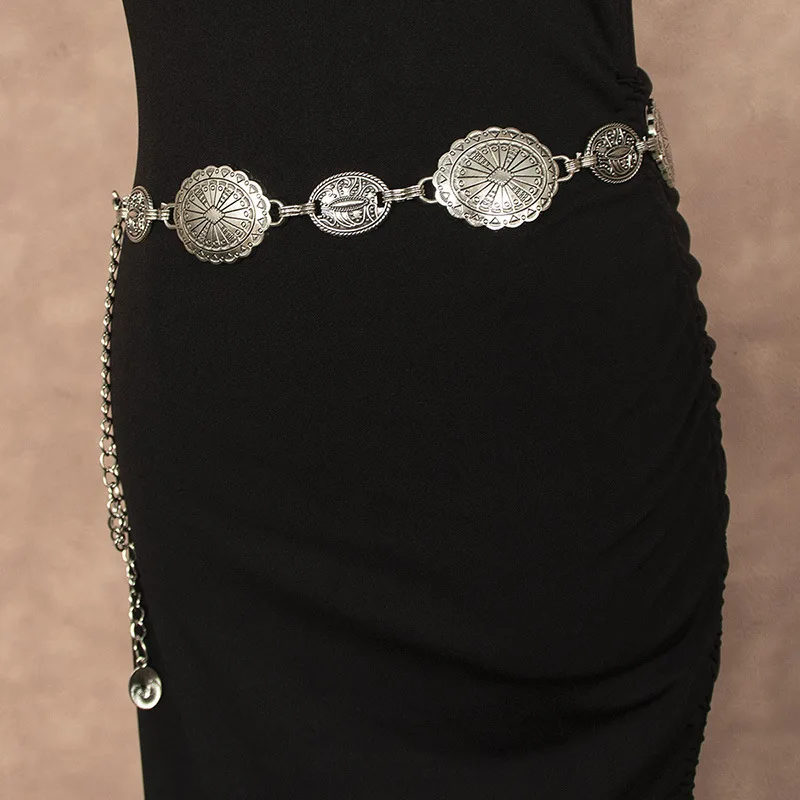 

LINK BELT Southwestern Sun Star Burst Stamped Metal Medallion Concho Chain Belt Cowgirl Summer Dress Waist Boho Accessori