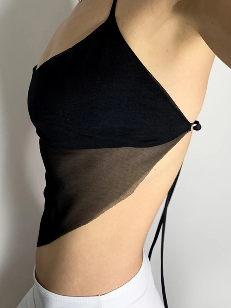 Пикантные прозрачные y2k сетчатые топы с лямкой на шее для малышей женское платье