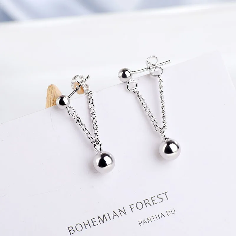 

925 Sterling Silver Tassel Long Chain Ball Piercing Stud Earrings for Women Girls Elegant Fashion Party Jewelry Gift eh348