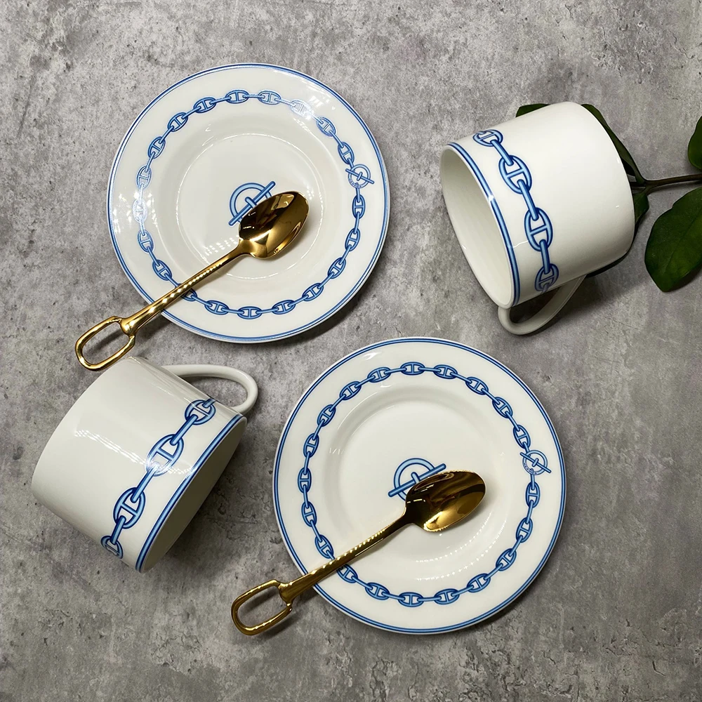 Обеденная тарелка из костяного фарфора с синей цепочкой новая кофейная чашка для