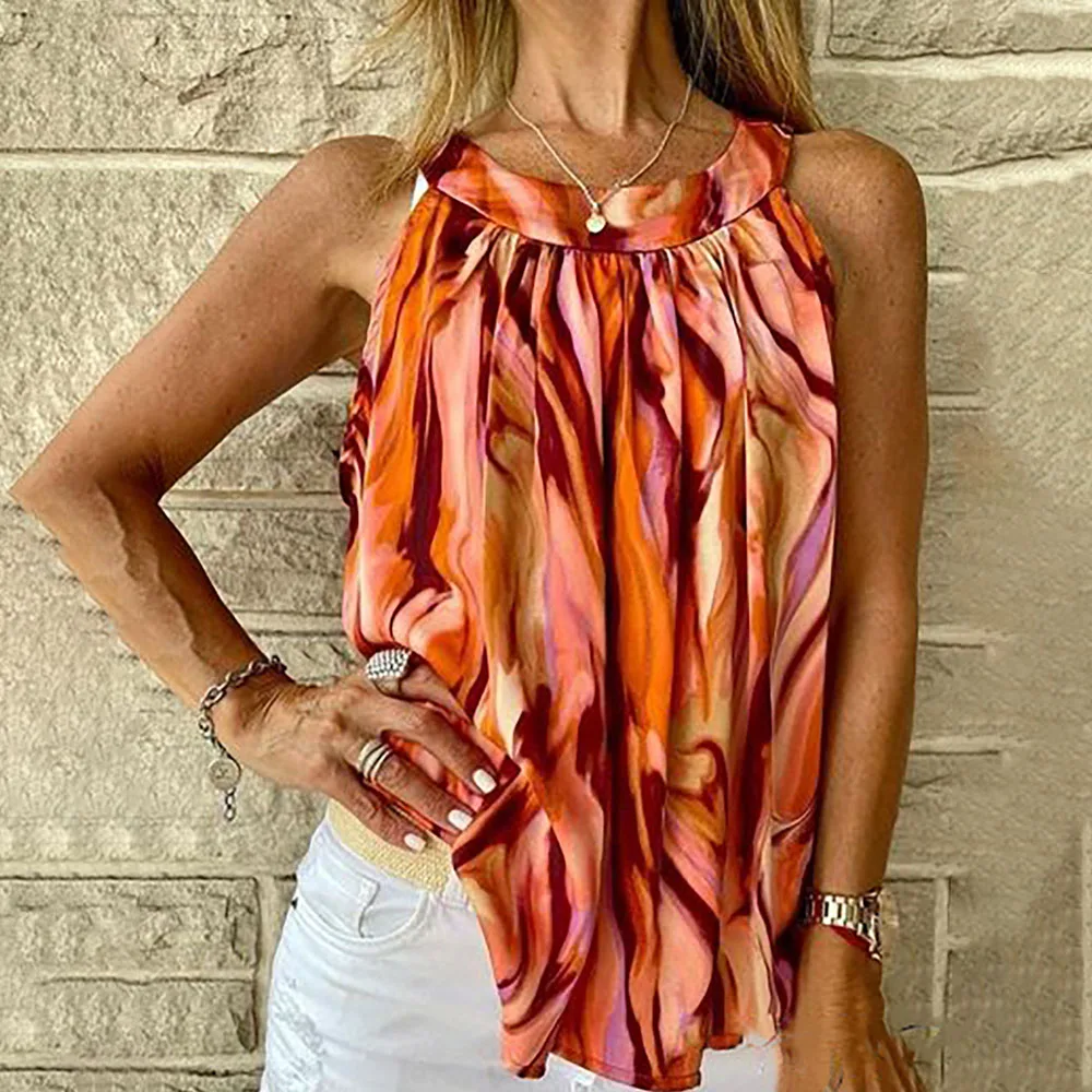 

Блузка женская с круглым вырезом, Повседневная модная пляжная Свободная рубашка с принтом, без рукавов, для отдыха, лето 2023