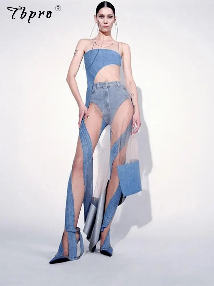 

Women's Stitching Mesh High Waist Jeans Sexy Fashion Hollow Mopping Pants 2022 Summer Hot Girl Street Shooting Casual Pants