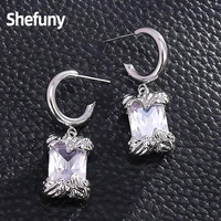 925 sterling silver geometric irregular c shape stud earrings square cubic zirconia earrings for women fine jewelry party gift