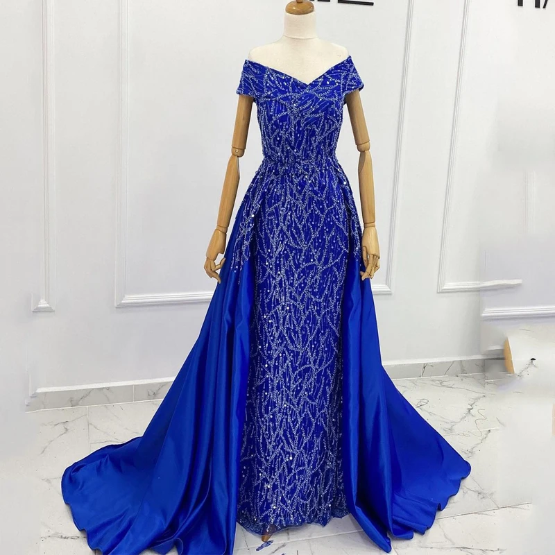 

Luxury Crystal Dubai Navy Blue Evening Dress with Overskirt Long Sleeve V-Neck Arabic Prom Formal Gowns for Women Wedding Guest
