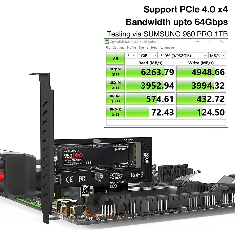 Адаптер JEYI M.2 PCIe-NVMe с алюминиевым радиатором 64 Гбит/с PCIe4.0 X4 Gen4 NVMe Расширительная