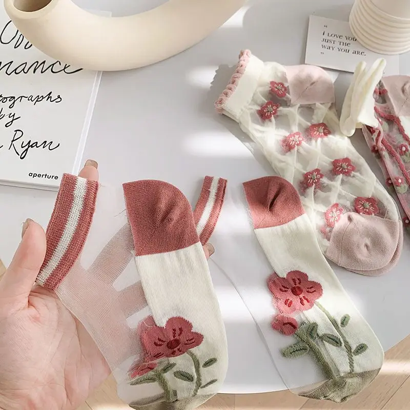 5PAIRS Crystal Socks Women's Spun Glass Summer Thin Pink Socks Cute Lace Transparent Khaki Ankle Socks