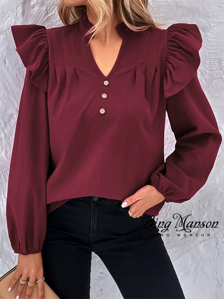 

2023 Spring and Summer New Top Women's Design Vintage Top Sweet Red Chiffon Romantic Polka Dot Ruffle Shirt Camisas