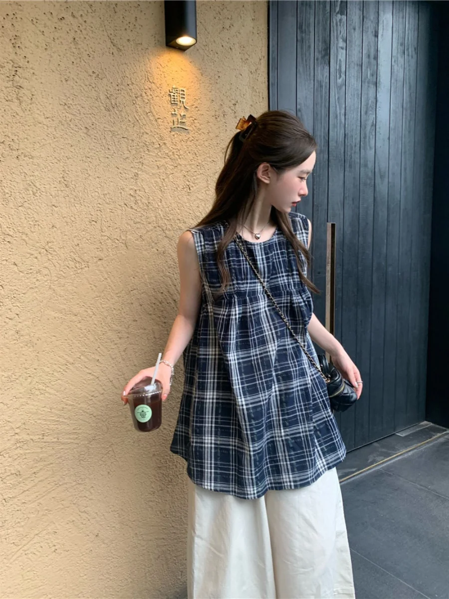 Модные японские рубашки в клетку для женщин Новинка лета 2024 свободный милый и