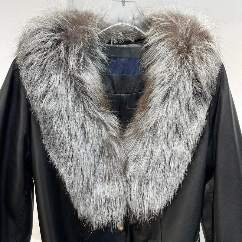 Sheepskin Luxury Long Leather Ladies Black Jacket New 2022 Winter Collection Vintage Warm Coat with Belt for Women