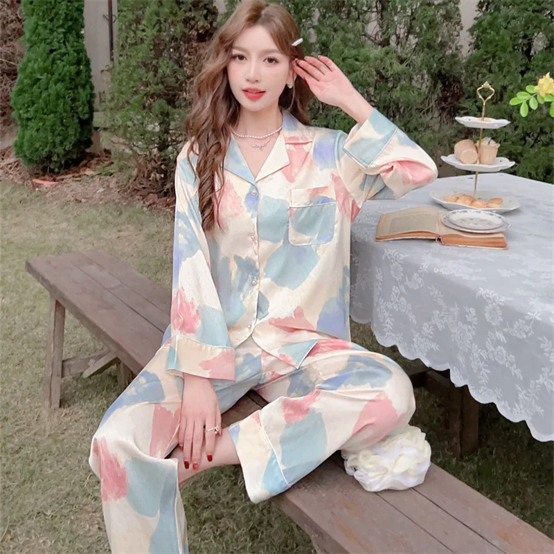 2023 Spring and Autumn New Pajamas Women's Artificial Silk Fashion Printed Long-Sleeved Trousers Cardigan Homewear Suit