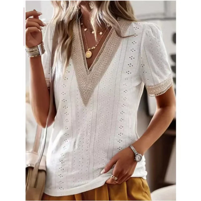 

Lace V-neck Pleated Short Sleeve Loose Women T-shirt Top Summer 2023 Fashion Hollow Out Solid T Shirt Casual Elegant Tees 26548