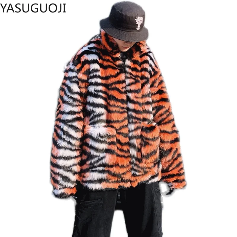 YASUGUOJI Winter Men Faux Fur Tiger Pattern Coat Jacket Male Fashion Loose Warm Coat Male Streetwear Thicken Outwear Oversize