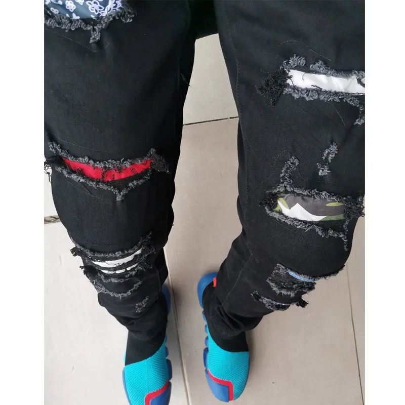 22ss Men JeansY2k Streetwear High Street Slim Fit Fashion Patch Ripped Black Clothing