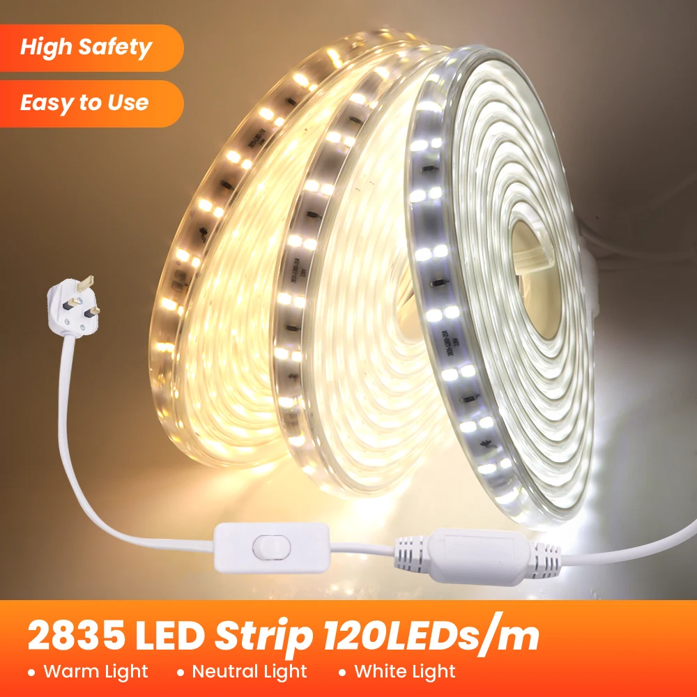 

220V LED Strip Light SMD 2835 120LEDs/m High Brightness led strip Flexible Home Outdoor Garden Use LED Tape With UK Plug/Switch
