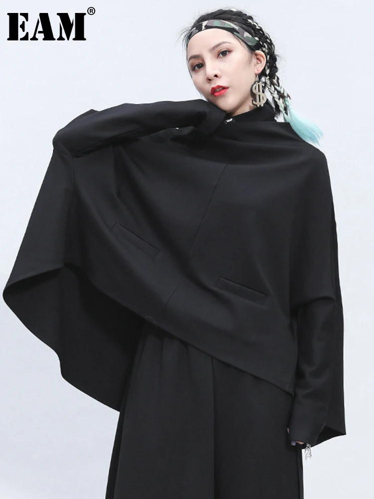 

[EAM] Loose Fit Black Irregular Sweatshirt New Turtleneck Long Sleeve Women Big Size Fashion Tide Spring Autumn 2022 1Z345