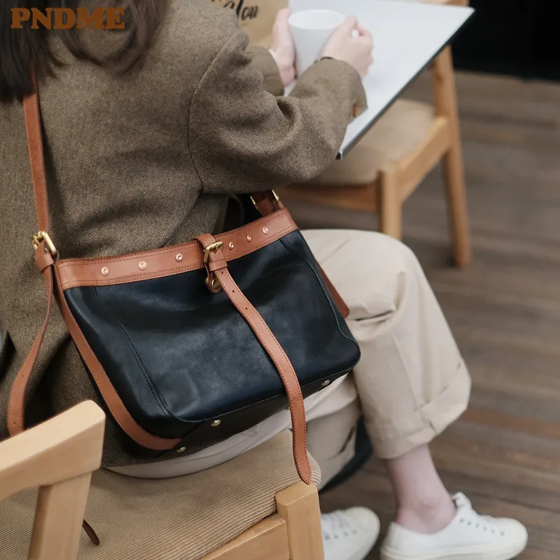 PNDME casual luxury genuine leather ladies  messenger bags outdoor travel designer natural real cowhide women's shoulder bag
