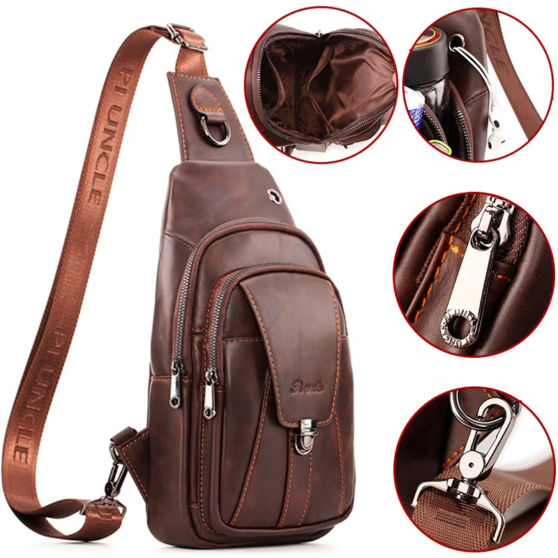 

Men Top Layer Cowhide Genuine Leather Shoulder Bags Retro Waterproof Crossbody Travel Sling Messenger Pack Chest Bag for Male