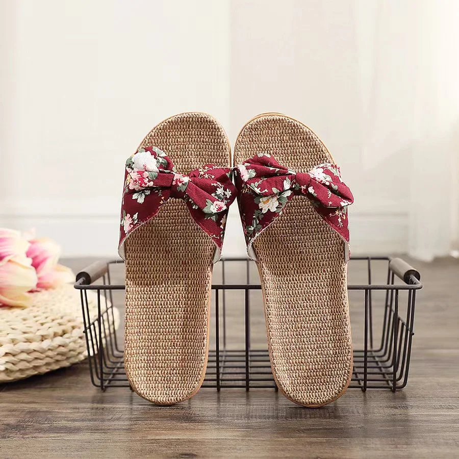 Summer New Linen Women's Slippers with Bow Knot, Non slip Soft Sole, Breathable and Comfortable Household Series Slippers