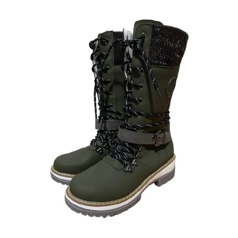 

2023 Women Winter Buckle Lace Knitted Mid-calf Boots Low Heel Round Toe Boots Top Quality Winter Warm Boots Women Botas De Mujer