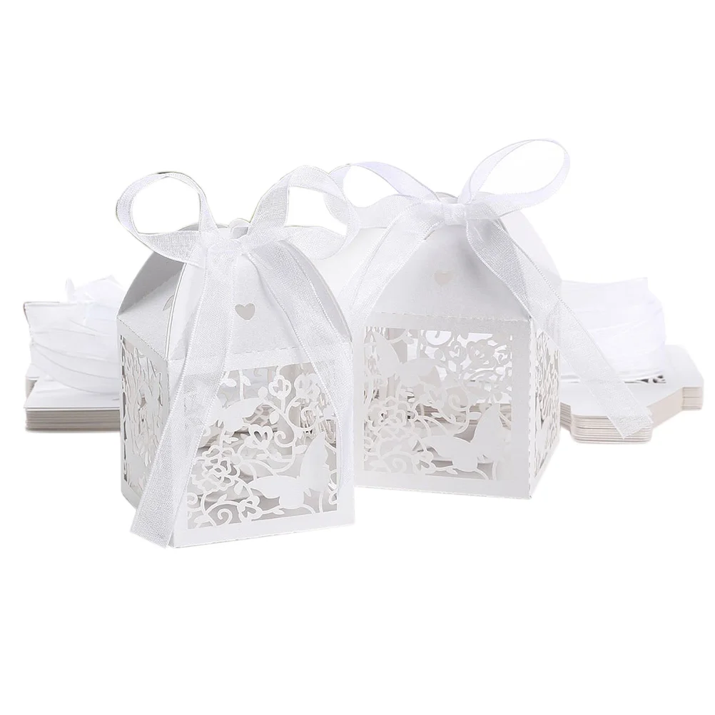 

50pcs Hollow Style Wedding Favor Candy Boxes Gift Boxes with Hearts and Ribbons (White)