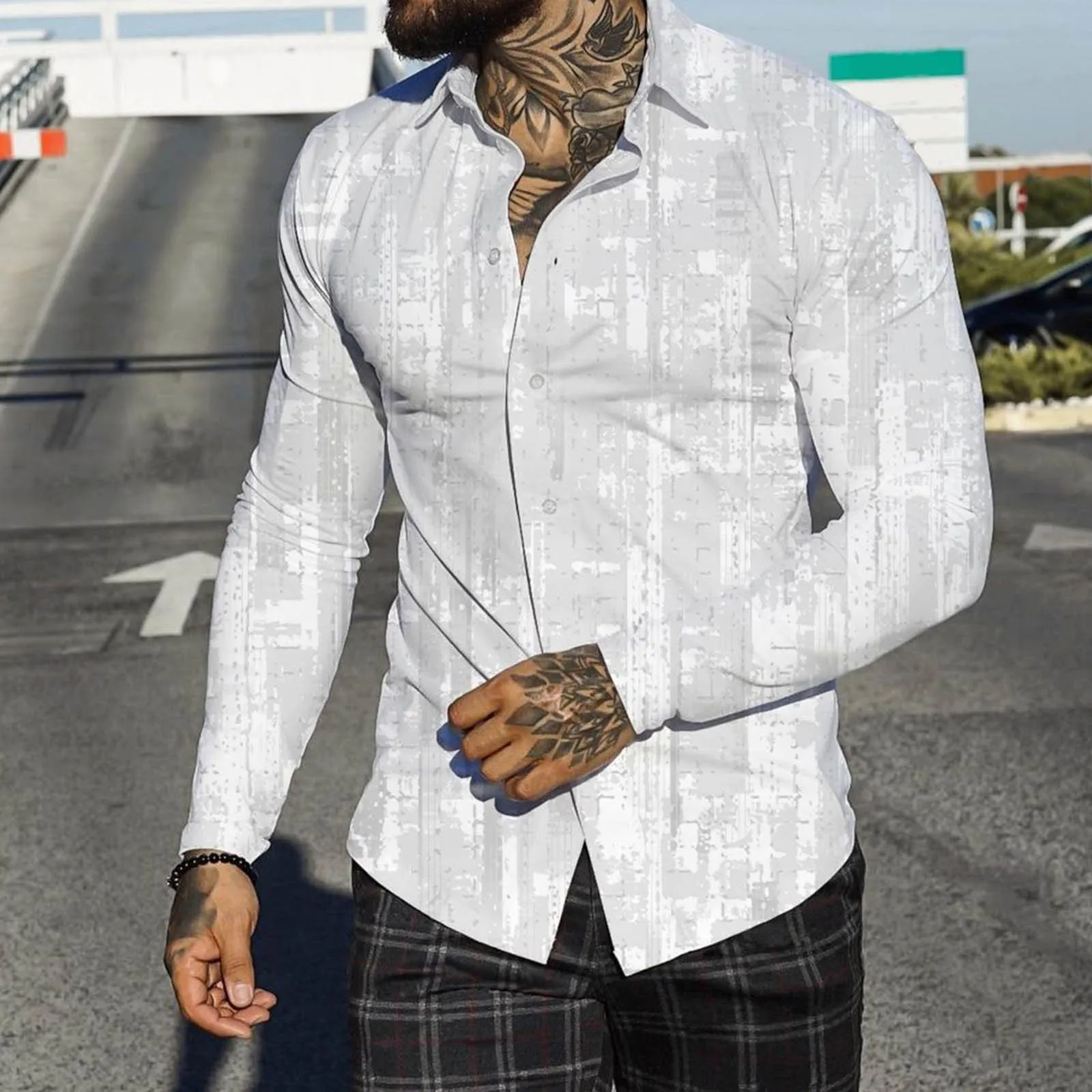 

Mens Clothing Men Autumn Winter Single Breasted Casual Lapel Full Print Beach Long Long Sleeve Tight Cotton Shirt